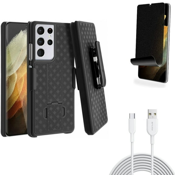 Privacy Screen Protector & 6ft USB-C Cable & Case Belt Clip for Samsung Galaxy S21 Ultra Phone - TPU Film Fingerprint Works & Type-C Fast Charger & Holster Swivel Accessory Bundle