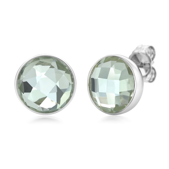 Gem Stone King 6.00 Cttw Green Prasiolite Stud Earrings for Women Men | 925 Sterling Silver | Gemstone Birthstone | Round Checkerboard 12MM