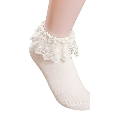 AM Landen Women's White Lace Ruffle Frilly Cotton Socks Princess Socks Ankle Socks