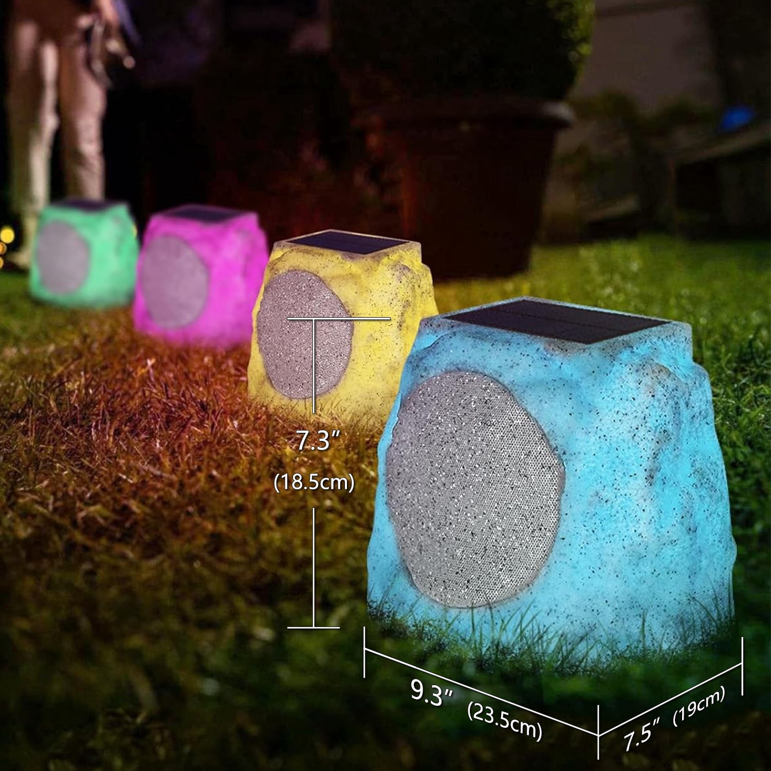 Postlucky 2 Pack Outdoor Solar Rock Speakers, Bluetooth, TWS Pairing, RGB LED Flashing, USB Charging, Waterproof, 7.3" Gray