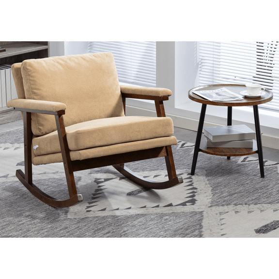 Mid-Century Modern Rocking Chair with Solid Wood Frame, Upholstered Accent Armchair for Living Room, Bedroom