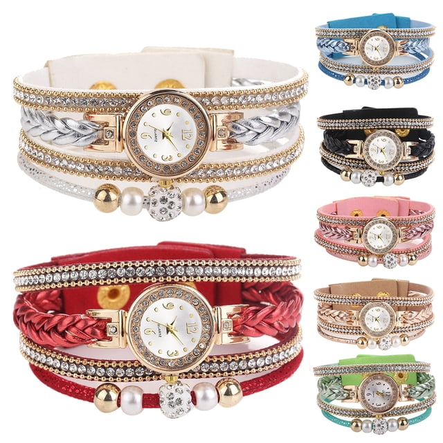 Retro Multilayer Beads Braided Bracelet Women Arabic Number Quartz Wrist Watch