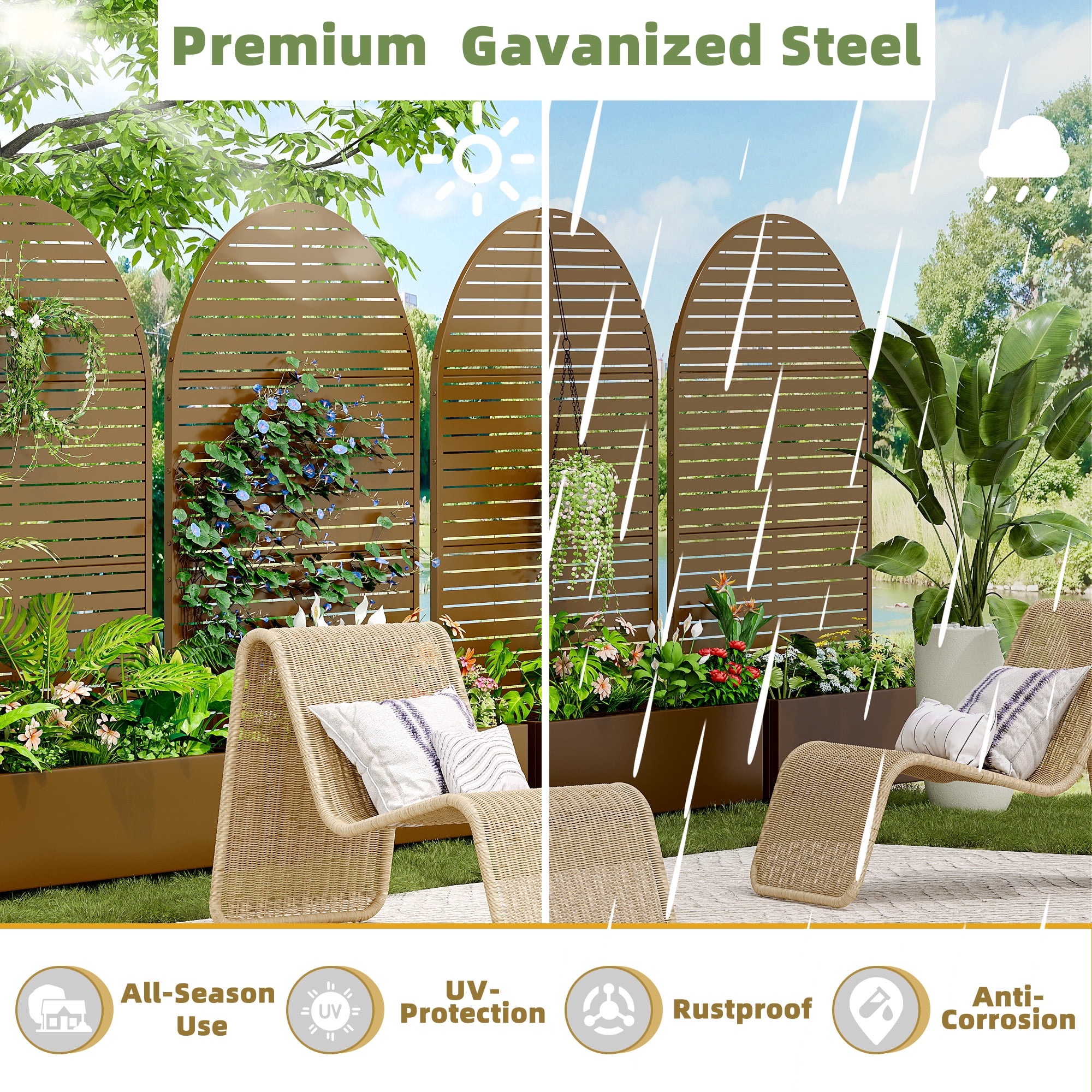 MAYEERTY 47*16*71"Outdoor Brown Metal Planter with Arch Louvered Climbing Trellis, Drainage hole & Wheels