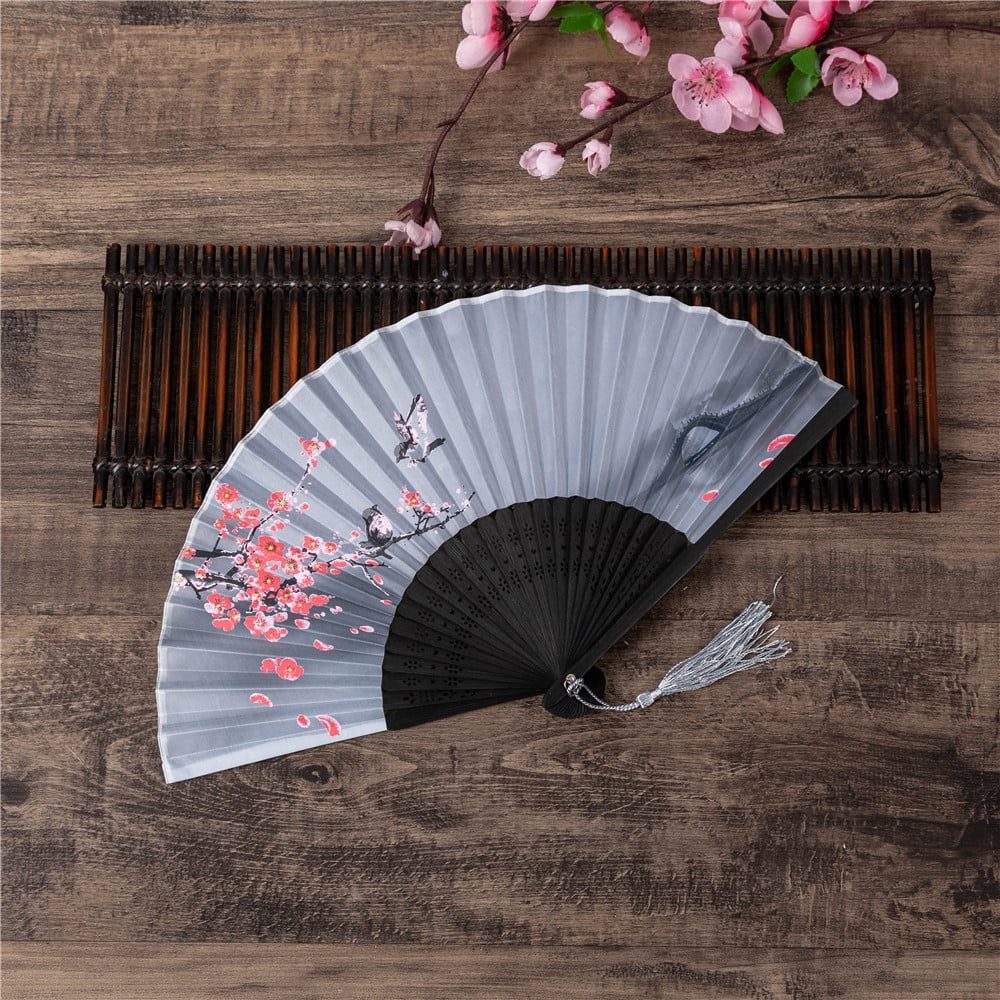 Chinese Folding Hand Fan Japanese Cherry Blossom Design Silk Costume Party CA 