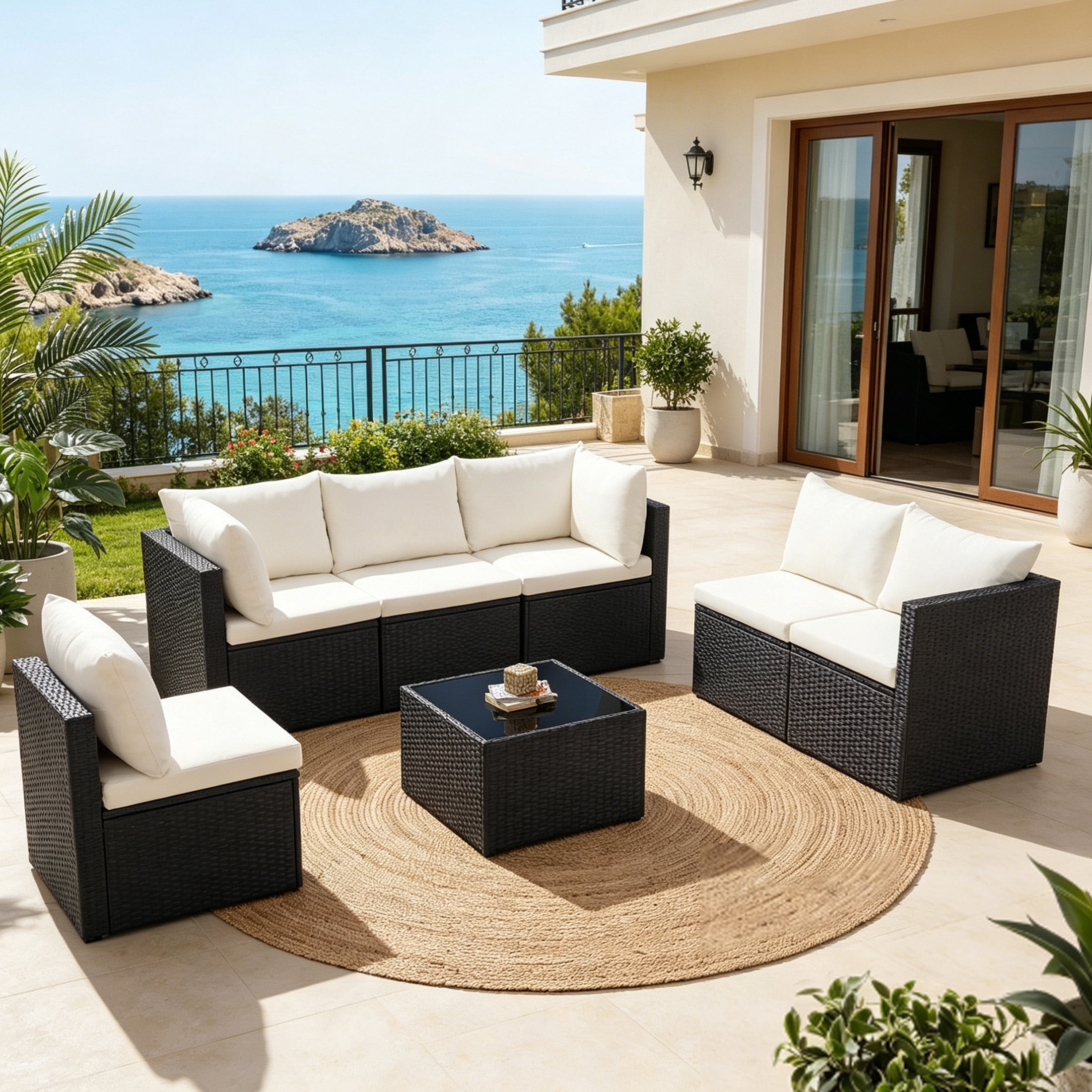 EDX 7 Piece Outdoor Wicker Patio Furniture Set, PE Rattan Sectional Conversation Set with Tempered Glass Coffee Table, Washable Cushions & Pillows for Backyard, Garden, Poolside, Black