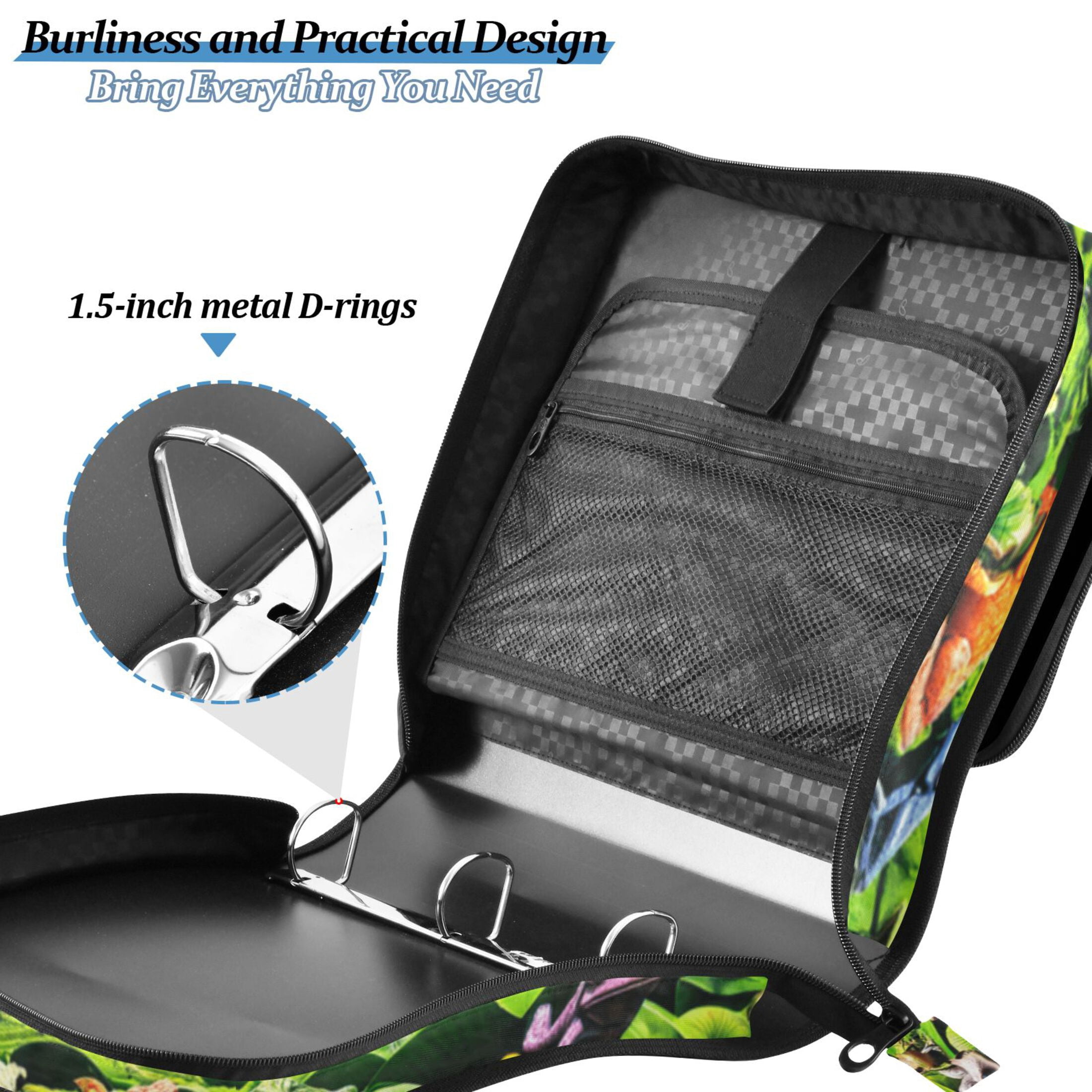 3 Ring Zipper Binder with Shoulder Strap Waterproof Trapper Keeper 2 Inch D-Ring 500 Sheets Capacity Colorful Frogs and Butterflies