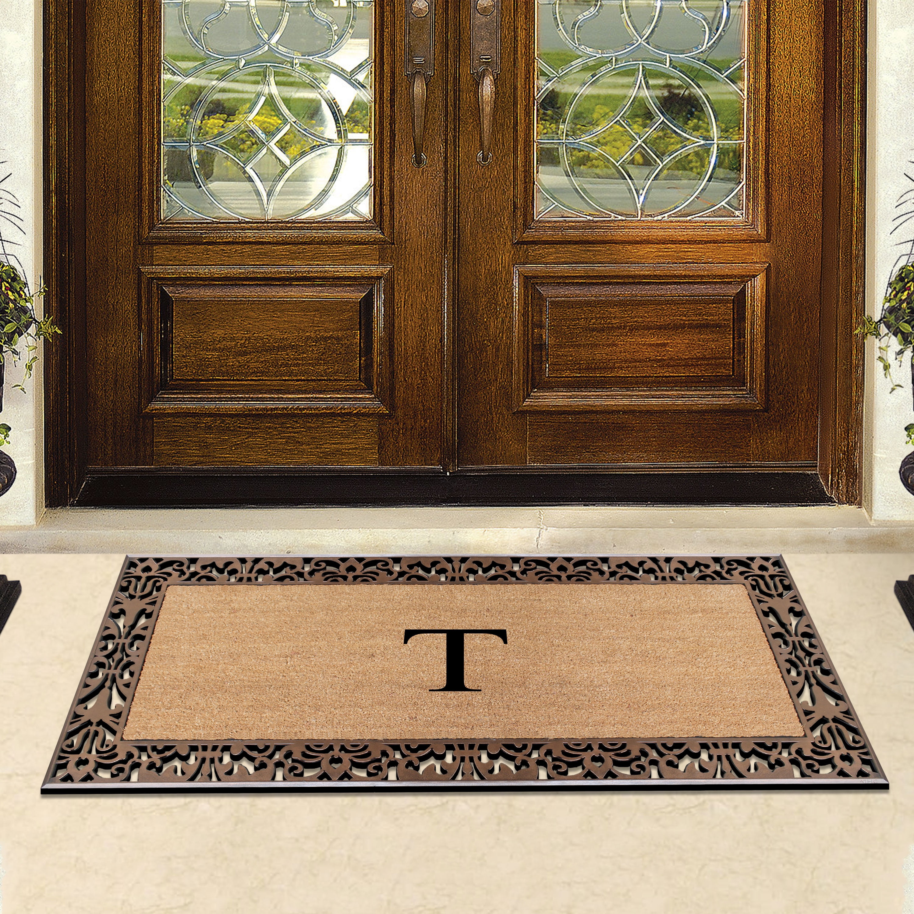 A1HC Natural Coir and Rubber Paisley Monogrammed Doormat, 30"x60", Heavy Duty Outdoor Front Door Mat, Durable Easy-Clean Bronze Rug