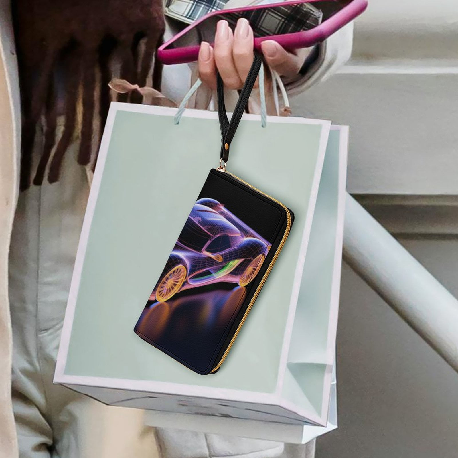 Womens Wallet Bifold Ladies Cluth Bag Wristlet Wrist Strap Long Purse Race Car Hologram Design