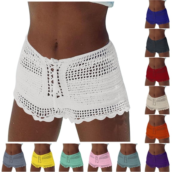 DHFJKG Women's Swimsuit Cover Up Crochet Shorts Summer Solid Color Sexy Hollow Out Drawstring Boho Beach Shorts Coverups