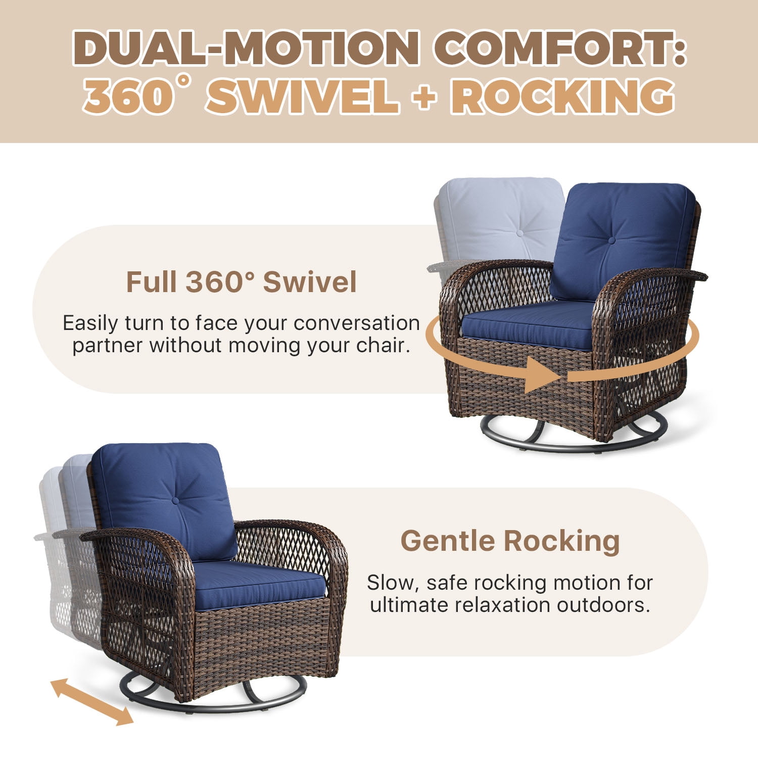 BaPiPro Navy Blue 6-Piece Outdoor Swivel Rocker Wicker Conversation Set – Weatherproof Rattan Patio Furniture with 4 Armchairs, Cushions & Tempered Glass Side Tables for Deck, Backyard, Porch