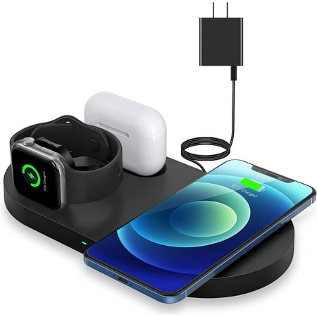 Wireless Charger,3 in 1 Wireless Charger for ,Fast Charging Station for Multiple Devices Compatible with //iPod , Black (with Adapter)