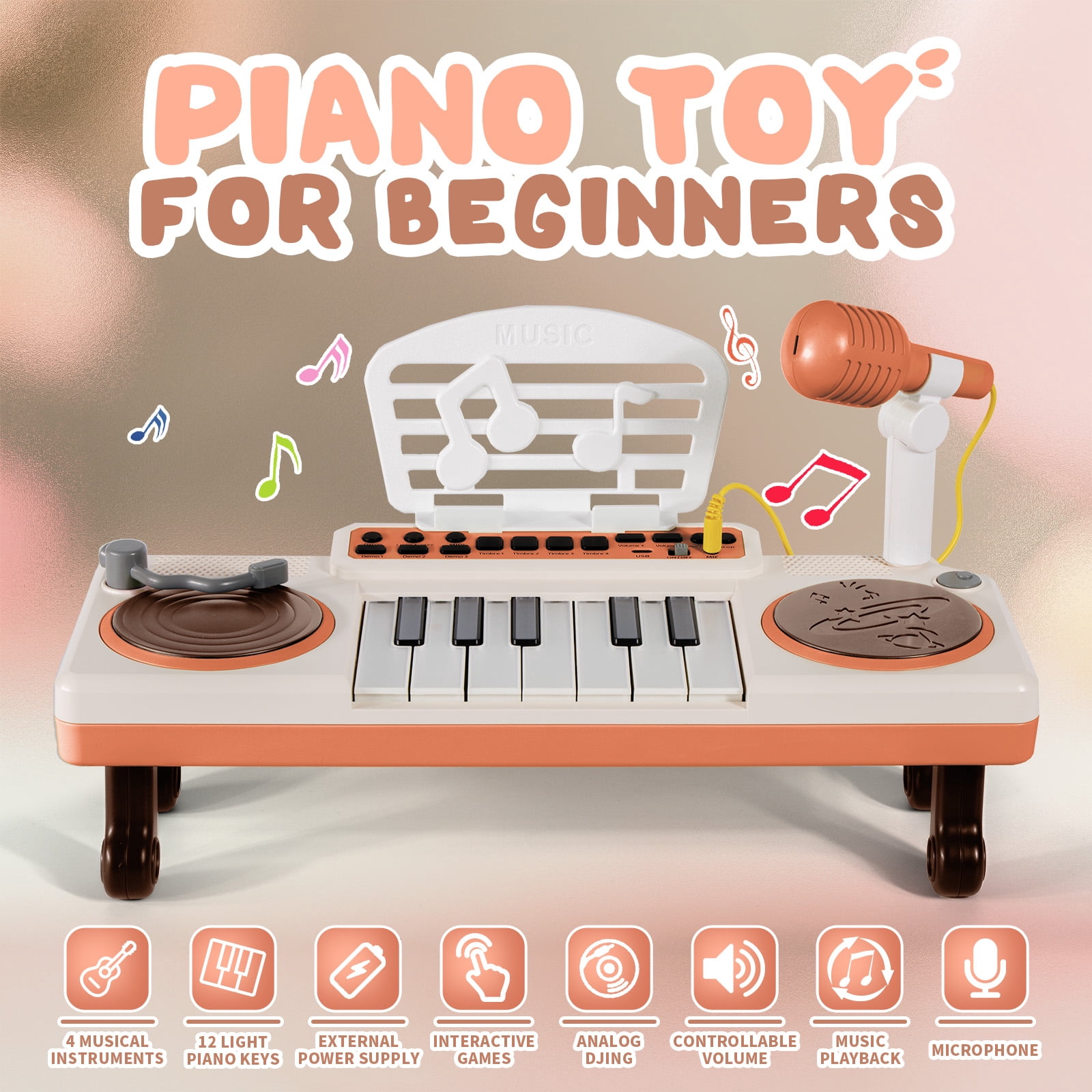 Dammyty Musical Toddler Piano Keyboard with Microphone, Educational Baby Music Toy for Kids