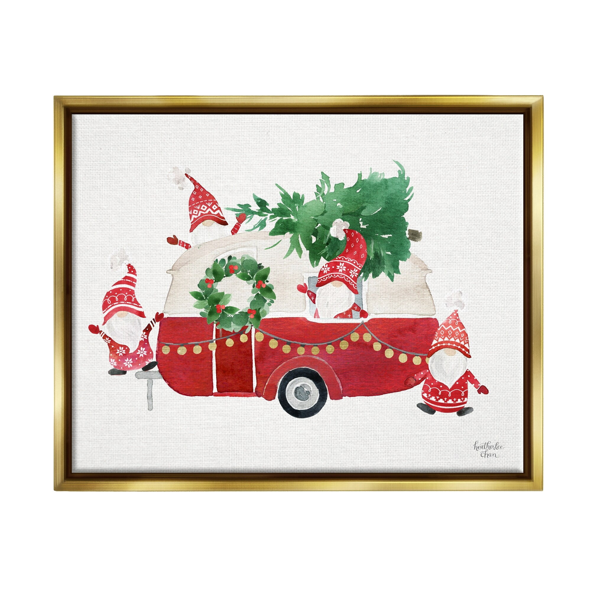 Stupell Industries Holiday Garden Gnomes Seasonal Holly Wreath Tree Painting Metallic Gold Floating Framed Canvas Print Wall Art, Design by Heatherlee Chan