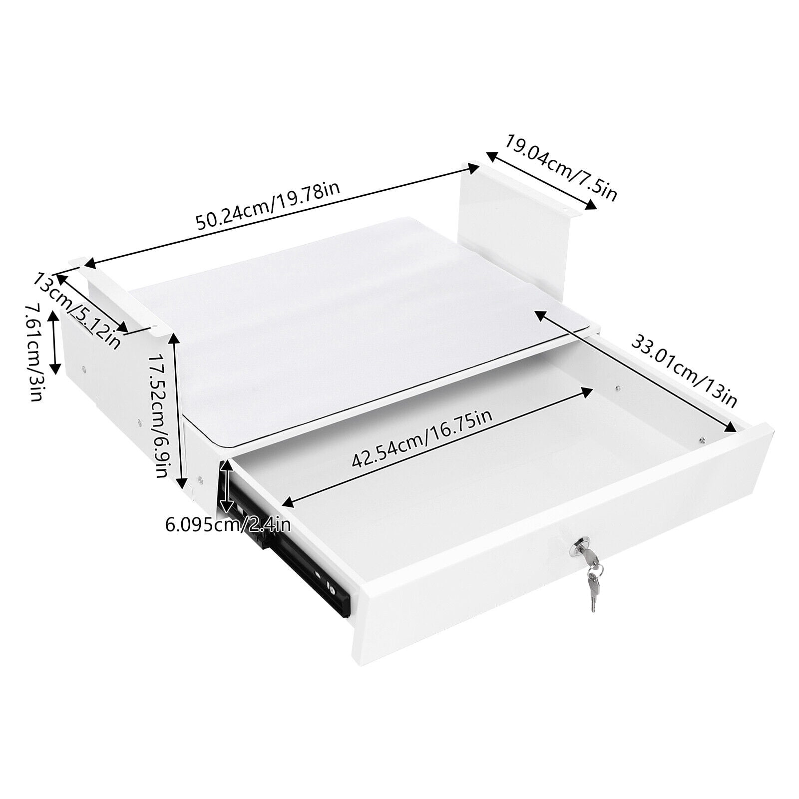 Lockable Sliding Underdesk Drawers Organiser Metal Pull Out Storage Drawer w/ Computer Pad for Office Standing and Standard Desks White