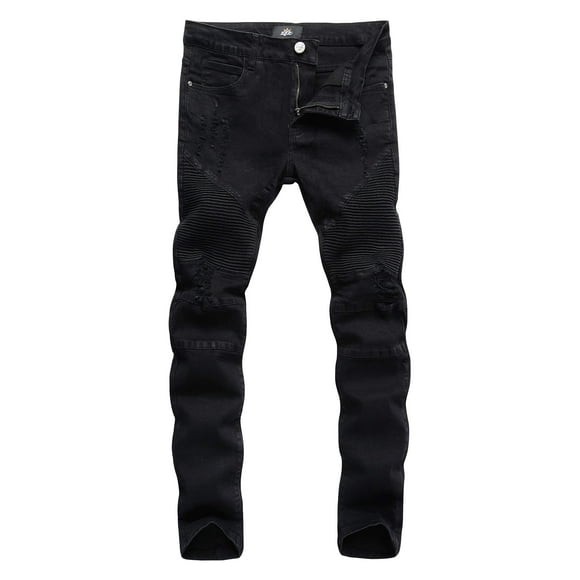 ZLZ Black Ripped Biker Jeans for Men Slim Fit, Men's Comfy Stretch Distressed Biker Jeans Pants Rock, Designer Jeans, Size 38