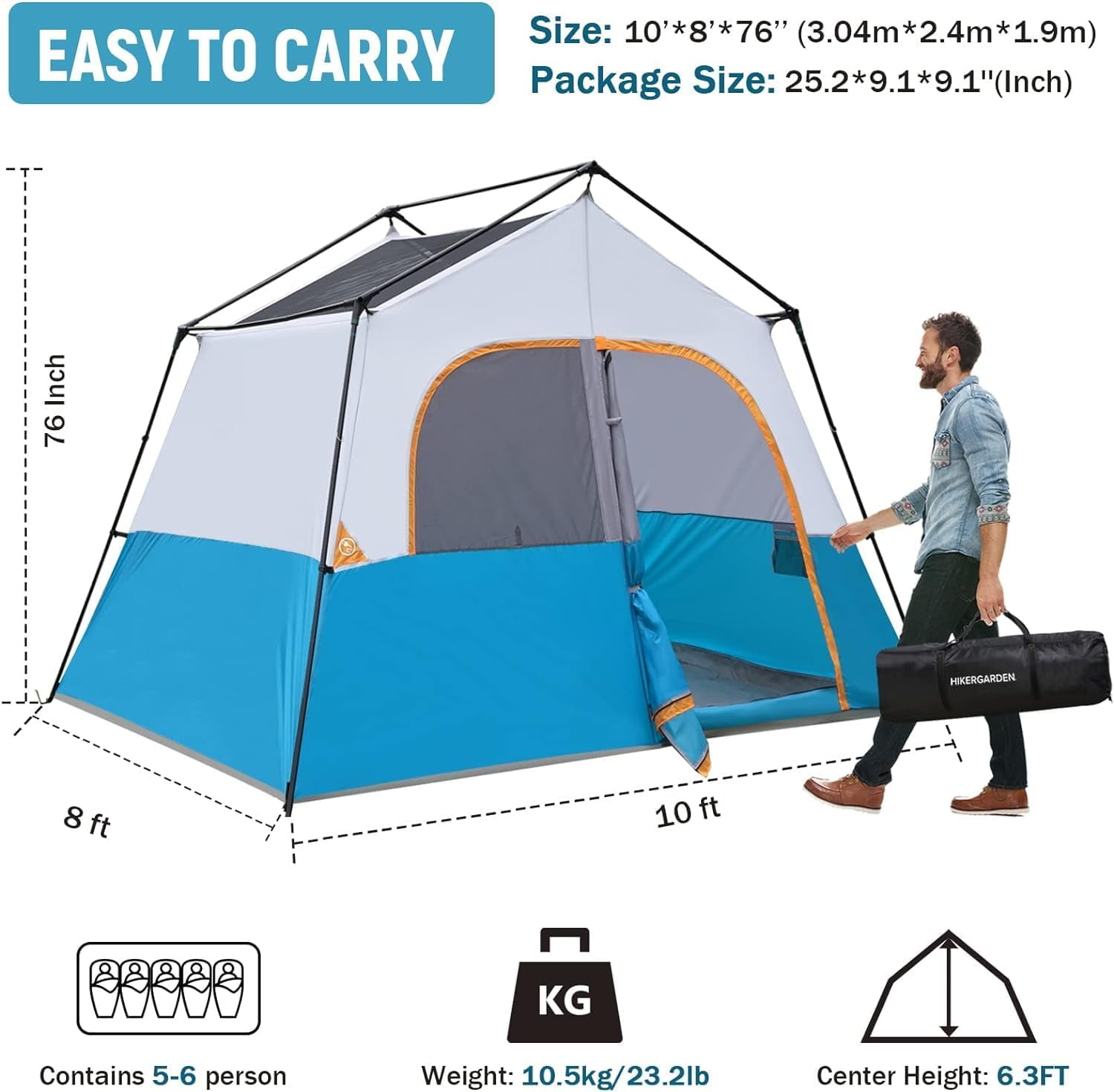 HIKERGARDEN 6 Person Camping Tent - Portable Easy Set Up Family Tent for Camp, Windproof Fabric Cabin Tent Outdoor for Hiking, Backpacking, Traveling