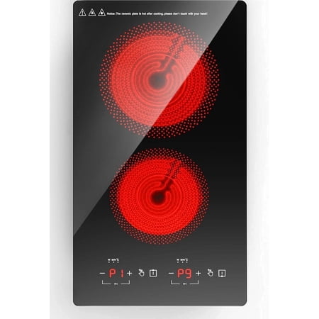 12" Electric Cooktop 2 Burner, 110V Stove Top Hot Plate | Countertop & -in Double Burner Ceramic Cooktop with 20 Temperature Settings, Compatible with Cookware