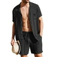thumbnail image 1 of Orqqct Men Linen 2 Piece Sets Solid Button Up Lapel Neck Shirts With Drawstring Shorts, 1 of 4