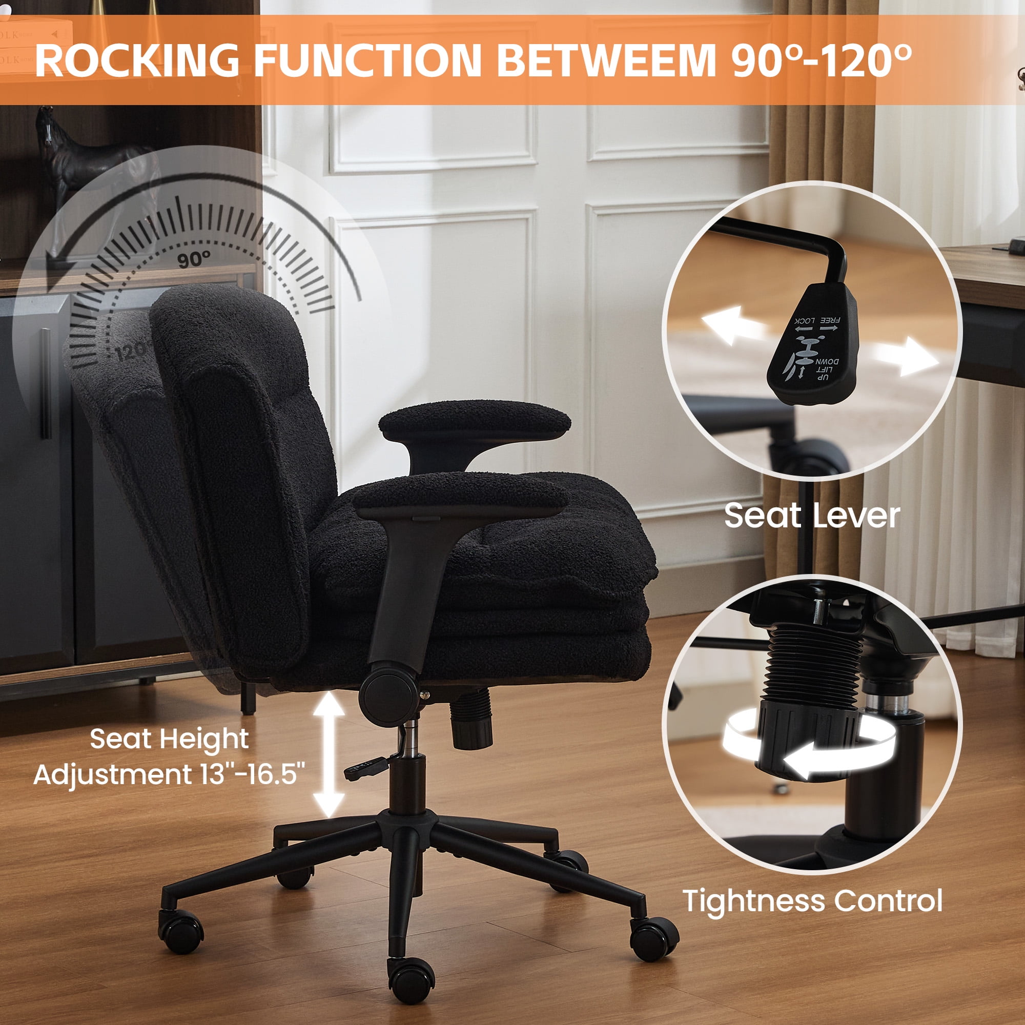 DOMICARE Criss Cross Chair with Flip-Up Arms, Wide Cross-Legged Office Chair with Wheels, Swivel Vanity Desk Chair, Black Boucle