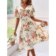 thumbnail image 3 of Floral Print Women's Spring Summer Dress - V-Neck Wrap, Waist-Gathered Midi, Romantic Elegant Vacation Style, 3 of 6