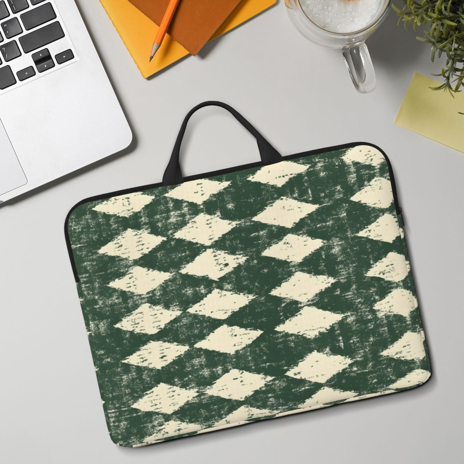 Laptop Sleeve Bag For Women Men 14inch Waterproof Durable Protective Computer Carrying Cover Handle Laptop Case Bag Green Houndstooth Vintage Texture Hand-Drawn Sketch_2