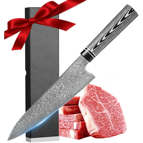 Plys Damascus Chef Knife, 8-Inch Japanese Professional Kitchen Knife, 9CR18MOV Meat Knife, Ultra Sharp Knife with Gife Box