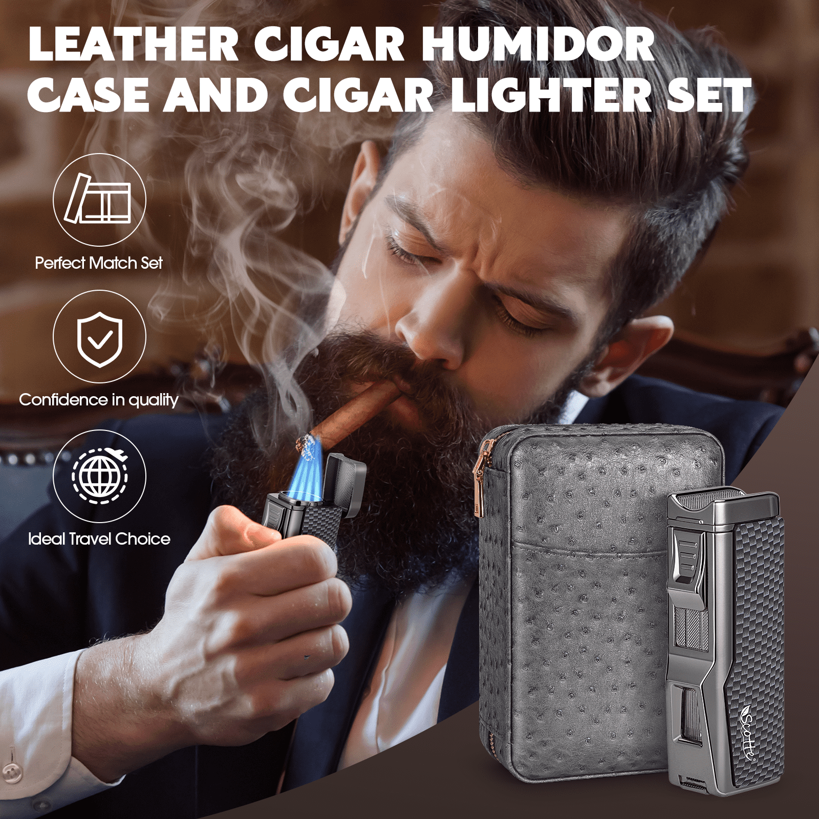Travel Cigar Humidor Box Leather Cigar Case with Cigar Lighter Cedar Wood Lined Hygrometer & Humidifier, Cigar Holder Cigar Punch Portable Cigar Humidor Kit Gift for Men(No Butane),Hold 7 Cigars
