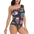 thumbnail image 3 of Easygdp Cat Icecream Women's One Shoulder Ruffle Monokini Bathing Suits with Removable Chest Pad, Quick Drying - Small, 3 of 8