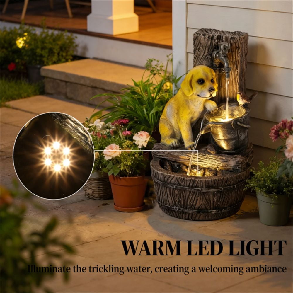 Outdoor 3-Tier Water Fountain with Puppy Bird Figurine Warm LED Lights 3-Speed Pump Rustic Brown for Garden Patio Yard