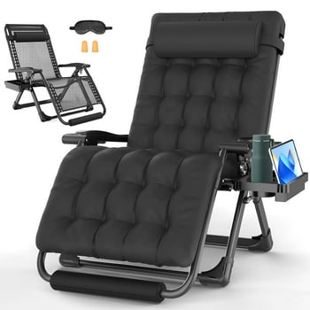 GVDV Oversized Zero Gravity Chair, 33In XXL Lounge Chair with Removable Thick Cushion, Lawn Patio Reclining Chair Upgraded Alloy Lock and Cup Holder, for Indoor Outdoor, Black