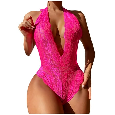 

BIZIZA Women Babydoll Deep V Neck Lace Halter One Piece Bodysuit Womens Teddy Hot Pink L