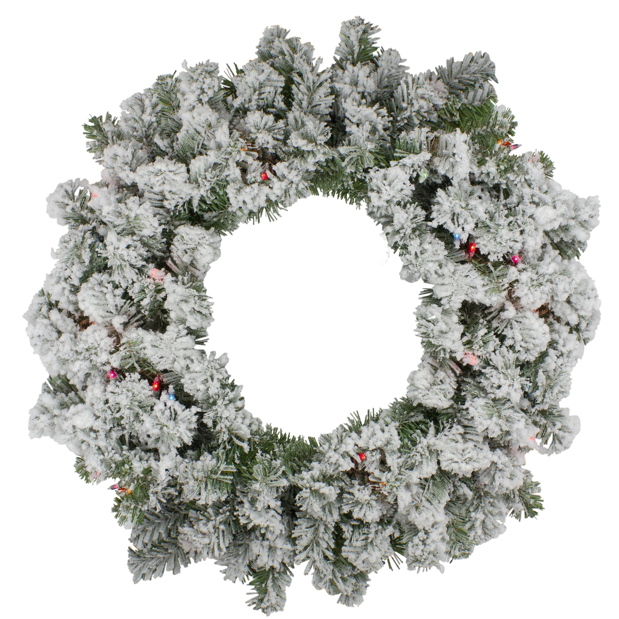 PreLit Heavily Flocked Pine Artificial Christmas Wreath 24Inch