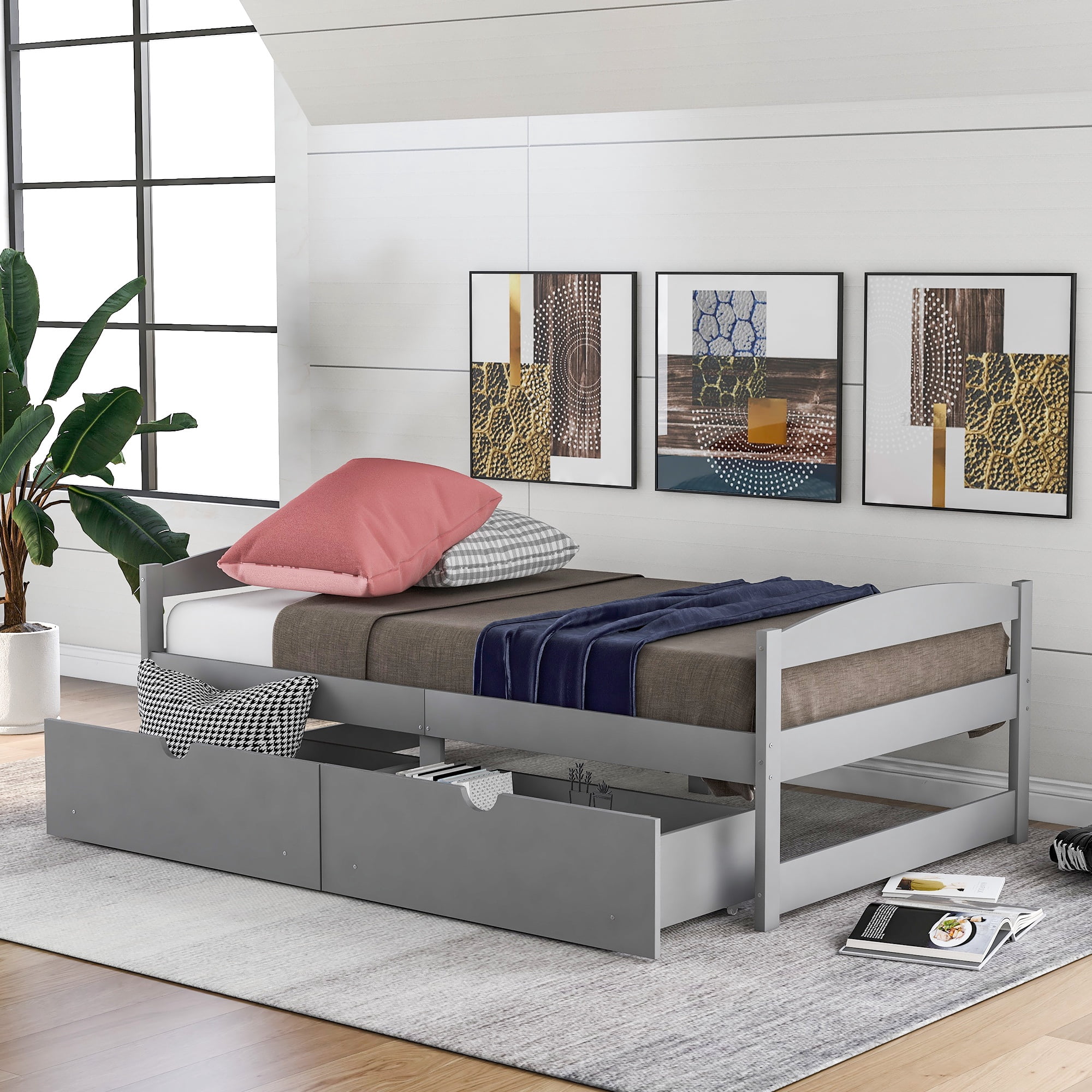 PORKISS Twin Bed Frame with 2 Storage Drawers, Gray Twin Size Platform Bed with Wood Slat Support, No Box Spring Needed, Wood Bed Frame for Kids, Teens, Guest Room