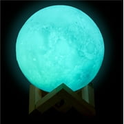 Urban Shop 3D Print Color Changing Moon Lamp with Wood Stand, remote control and USB Adaptor, 7.5 x 5.5, White