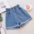thumbnail image 2 of Hurxie Women's Paper Bag Waist Button Roll Up Hem Denim Shorts with Pockets Blue,XS, 2 of 5