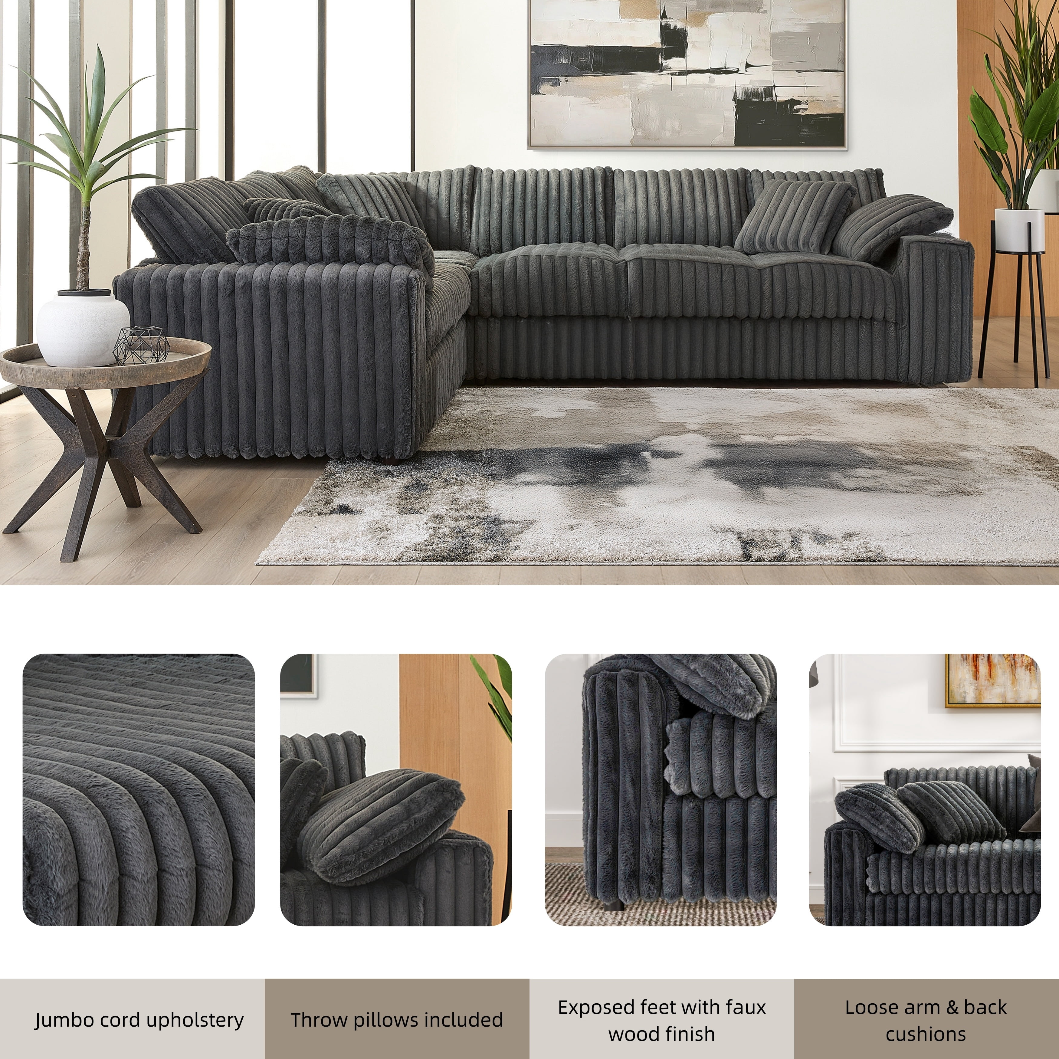 Roundhill Furniture Belvoir Living Room L-shape Sectional, Charcoal