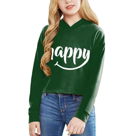 SGMVNU Kids Hoodies 2025 Fall Clothes Kids Crop Tops Girls Happy Letter Print Long Sleeve Fashion Hoodies Pullover Sweatshirts Hooded Fall Tops(Size 6-7 Years yk251203_1-Dark Green)