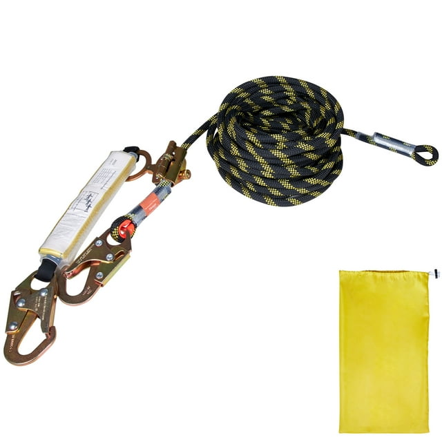 KFFKFF Vertical Safety Line, 0.55'' x 50' Fall Guard Cable, 30 KN Tensile Strength, Durable Polyester Construction Rope, Includes Steel Clips, Rope Adjuster, Impact Reducer, Meets ANSI Standards