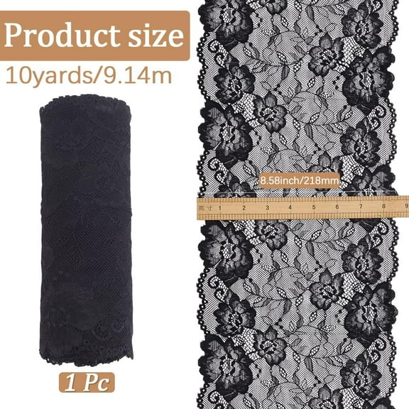 10 Yards 8 5/8 Inch Black Lace Elastic Ribbon Stretch Floral Lace Fabric Roll Wide Vintage Embroidered Flower Pattern Appliques Trimming Bulk for Sewing Making Crafts Dress Cloth Home Decor