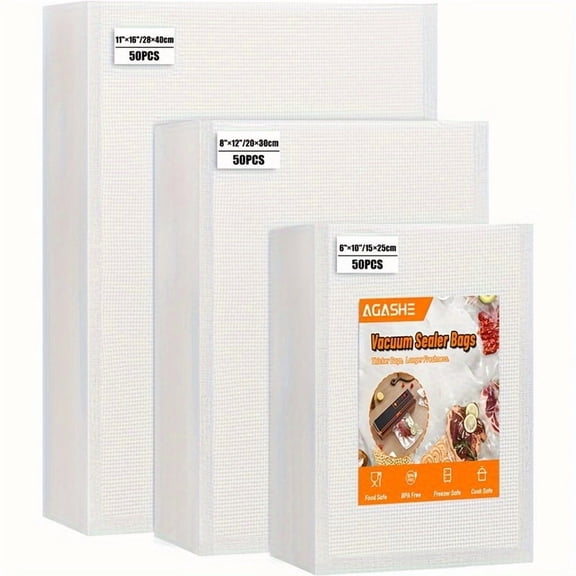 Heavy Duty Vacuum Sealer Bags, 150 Count - 50 Each of 11" x 16", 8" x 12", 6" x 10" Sizes | Commercial Grade Pre-Cut, BPA-Free Food Storage, Preservation, and Freshness Bags for Home Kitchen, Meal