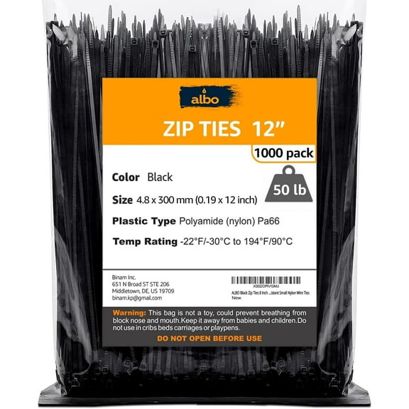 ALBO Durable Self-Locking Black Nylon Zip Ties, 12 Inch, 1000 Pack, 50 lb Tensile Strength, UV Resistant