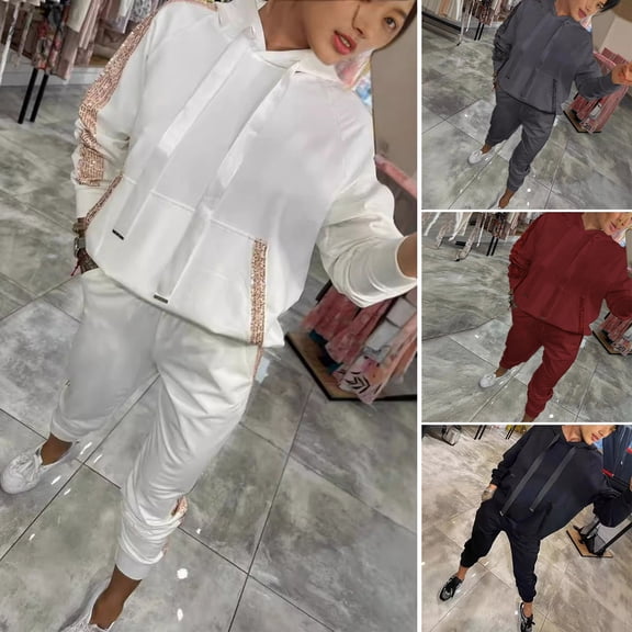 BAETEUY 2pcs Women's Hoodie and Pants Suit, Long Sleeves with Sequined Pocket, Solid Color Top, Elastic Waist Trousers, Daily Wear, Sport Outfit, Tracksuit