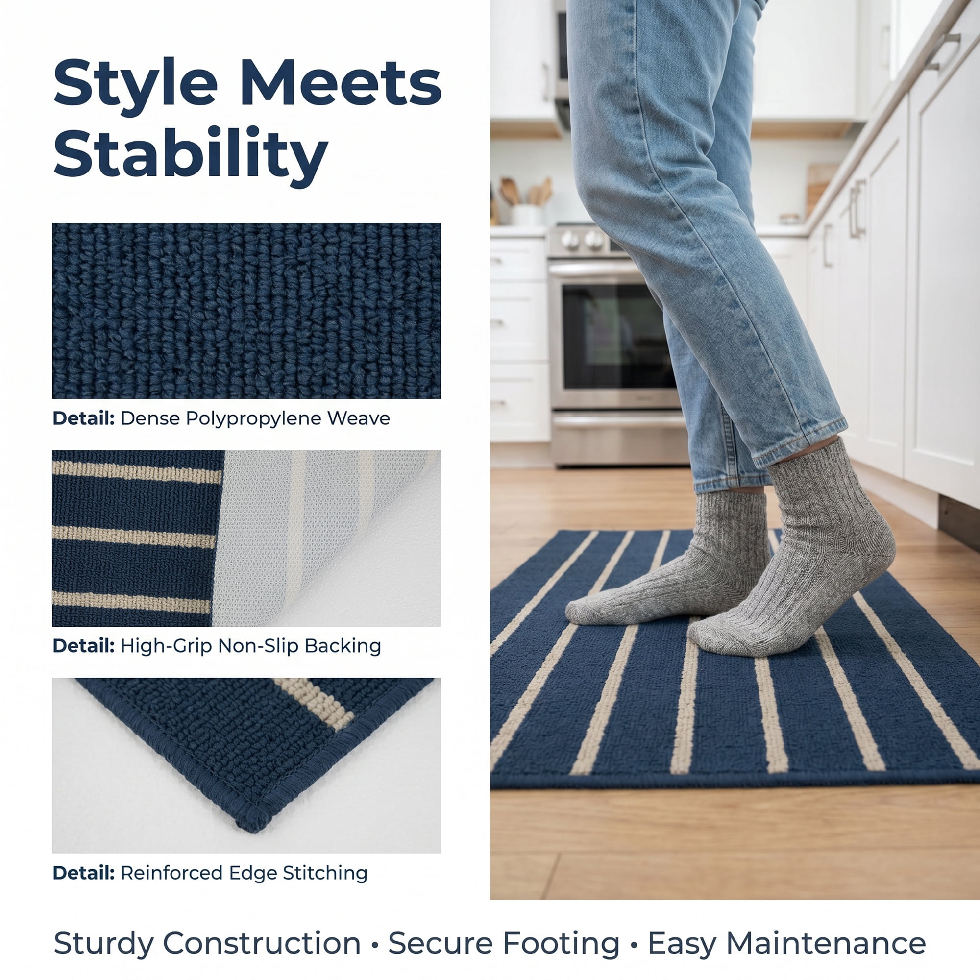 Unique Bargains Polypropylene Striped Non Slip Kitchen Runner Rug Blue 32" x 20"