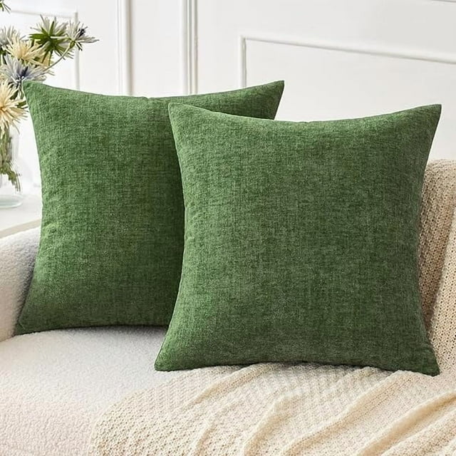 HAYANPack of 2 Couch Throw Pillow Covers 20x20Inch Soft Moss Green Spring Chenille Pillow Covers for Sofa Living Room Solid Dyed Pillow Cases