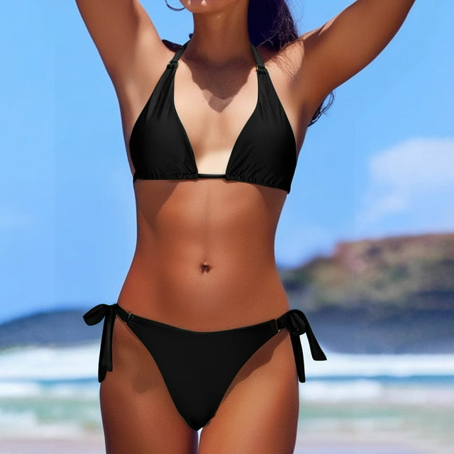 Trajes de baño para mujer, Trajes de baño para mujer, Traje de baño de bikini ajustado de cintura alta con escote en V, fruncido y abertura, con tirantes y cuello colgante, para mujer
