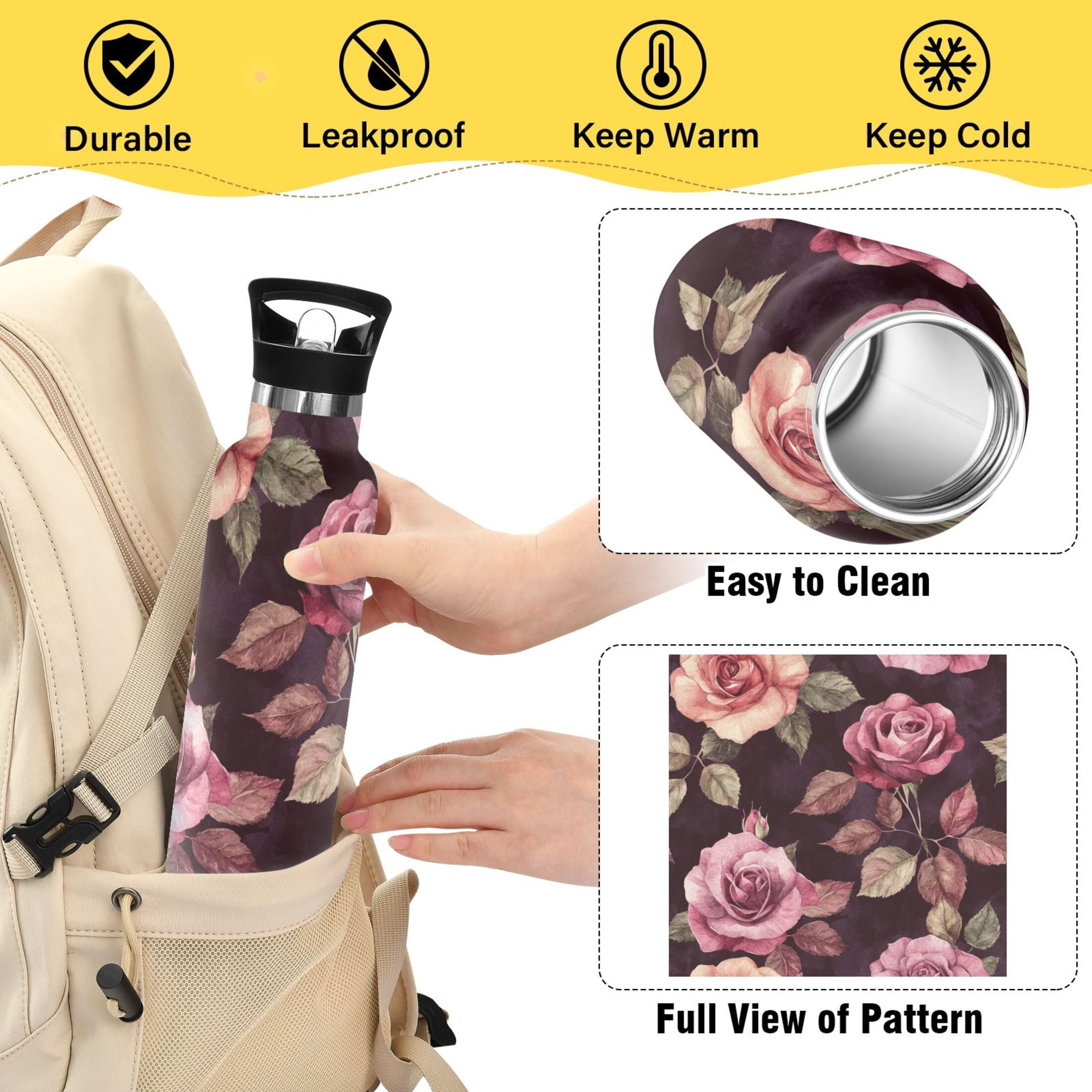 600ML Stainless Steel Insulated Cup Sports Water Bottle Portable Thermos Cup Water Glasses Insulated Tumblers Convenient and Durable Maroon Roses Seamless