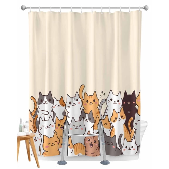 Split Shower Curtain for Transfer Bench, Cartoon Cat Fabric Shower Curtains for Bathroom, Modern Simple Funny Cute Animals Art Tub Sliding Transfer Bench Waterproof Bath Curtains 72"x72"