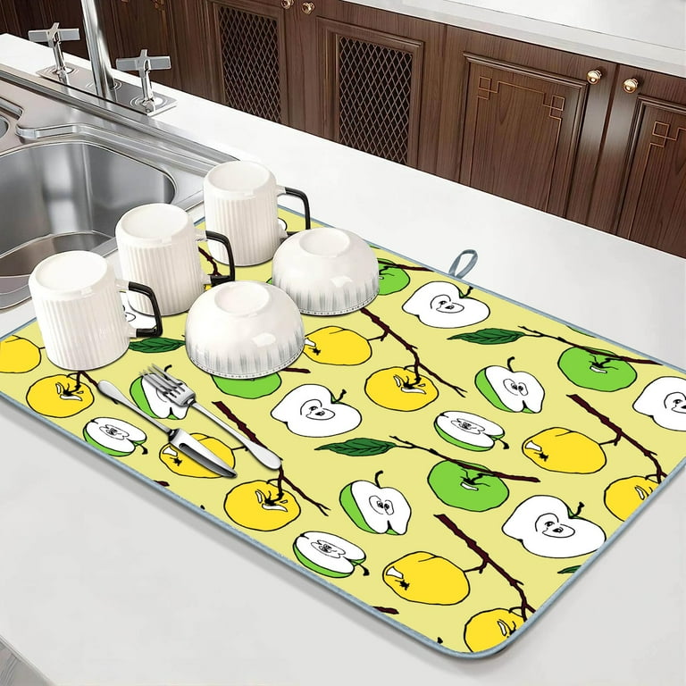Wellsay Microfiber Dish Drying Mat for Kitchen Dark Green and Dark Yellow Dishes Mat for Kitchen Counter Dish Drying Pad with High Absorbent Dish Drainer Rack Mats for Coffee Bar 16x18in