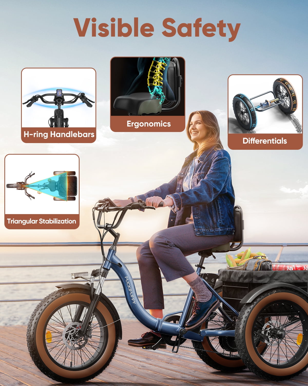 PUCKIPUPPY Electric Tricycle for Adults 960W Rear Motor 55Miles Range 20mph Max Speed 20" Fat Tire Electric Trike 3 Wheel Electric Bike 48V 15AH Battery E-Mountain Bike, Comply with UL2849 By SGS