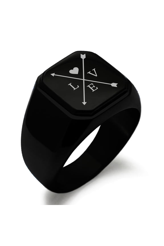 Stainless Steel Heart Love Arrow Compass Engraved Square Flat Top Biker Style Polished Ring